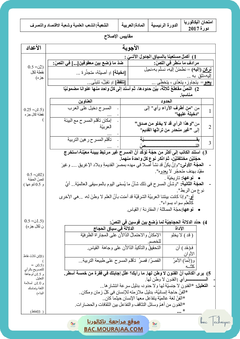 Corrigé principale arabe Bac 2017 – Section technique